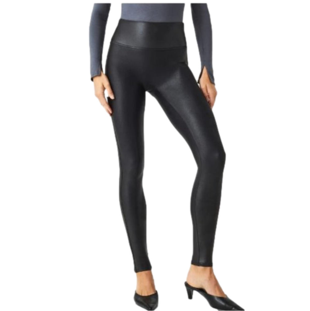 SPANX Size 1X Black Faux‎ Leather Leggings with Power Waistband